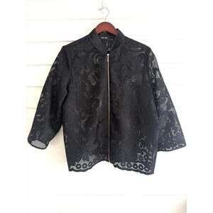 Nine West Black Sheer Floral Lace Jacket Gold Zip Whimsigoth Indie Sleaze Boho L